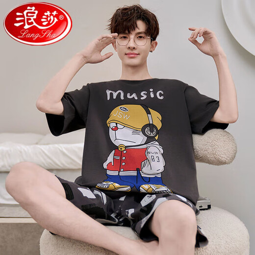 
Langsha men's pajamas summer pure cotton short sleeve shorts thin cartoon cute teenager large size boys' home clothing suit Daimeiya-6627 L small size L code (90-110Jin [Jin equals 0.5 kg])