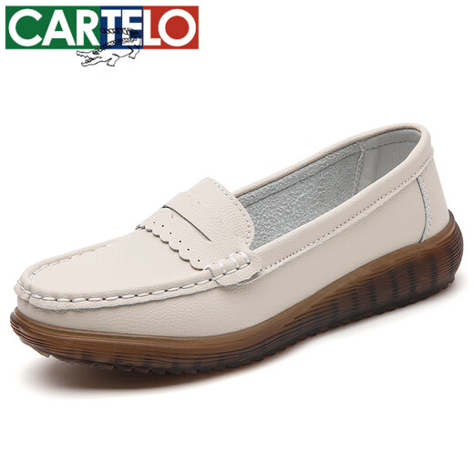 CARTELO leather bean shoes for women 2025 spring and summer shallow mouth flat cotton shoes versatile non-slip soft sole heel mother casual shoes white 826 genuine leather soft sole 35