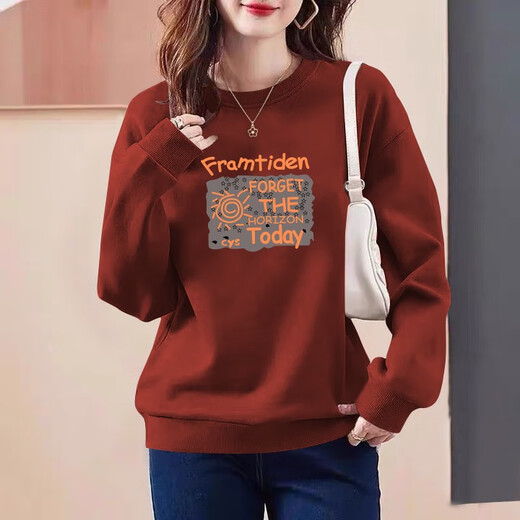 Gtyuwvg Sweinshirt a principios de otoño para mujeres delgadas 2024 Autumn and Winter New Style más terciopelo engrosado Cuello redondo de cuello redondo Top 6227 Apricot redonda de cuello redondo marrón rojizo 8-100Jin [Jin iguala 0.5 kg]