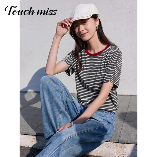 塔驰密司 TOUCH MISS高端时尚减龄短袖T恤女夏装新款圆领绣花条纹正肩显瘦上衣女 灰白条 L
