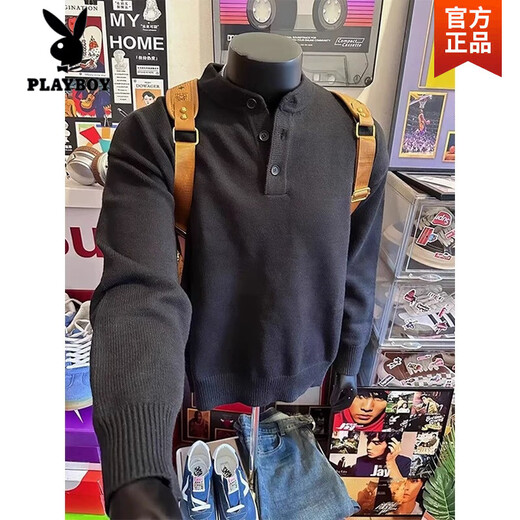 Playboy (PLAYBOY) Gray American Henley Collar Knitted Sweater Men's Long Sleeve Lazy Style Cleanfit Bottoming Sweater Jacket Light Gray High Quality 2XL