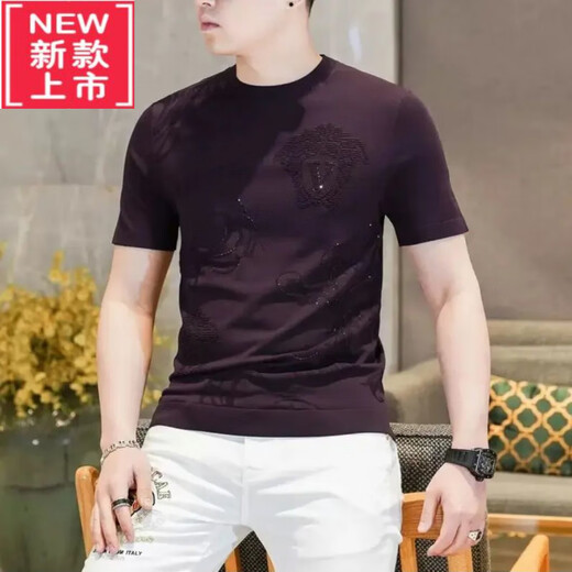 
PLAYYOUNG International Brand Men's Knitted Ice-Heat Short-Sleeved T-Shirt Men's New Light Luxury Ice Silk Fashion Half-Sleeve T-Shirt Casual 9902 Green M [90-115Jin[Jin equals 0.5 kg]]