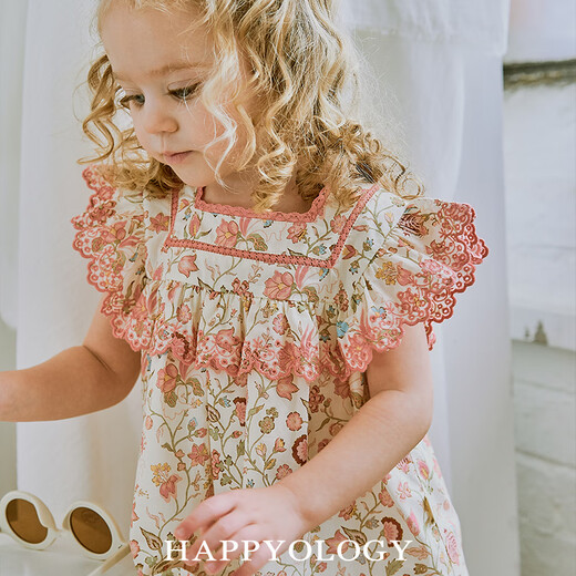 Happyology British children's spring and summer new children's clothing lace splicing tops bow hair accessories girls set Midsummer Baiyuan (shorts) 92 (92cm)