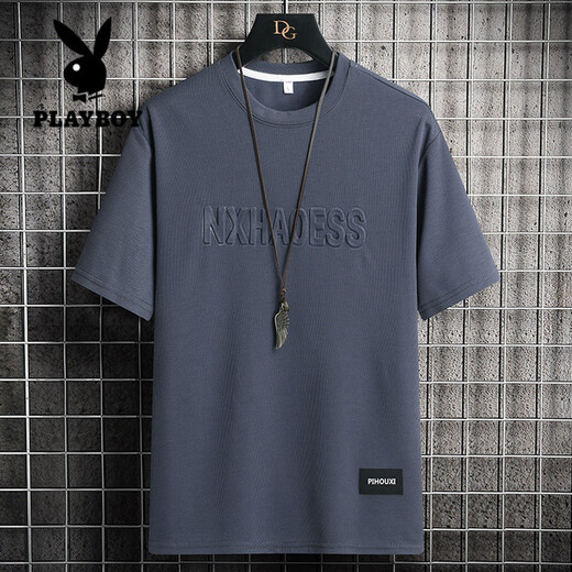 花花公子（PLAYBOY）冰丝短袖t恤男士夏季薄款简约钢印字母半袖宽松潮流百搭休闲体恤 829军绿 XL (约130-150斤可穿)