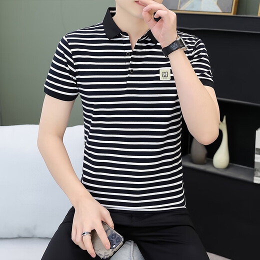 Polo de la solapa de algodón puro bajo Jiumuwang Jiumuwang, marca de moda masculina, lidera la camiseta de manga corta de verano top de rayas simple. White Q753 M. Recomendado 100-120 Jin [Jin es igual a 0,5 kg]