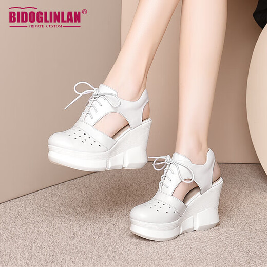 Grinland Brand Keilsandalen für Mädchen Leder 10 cm dicker Sohle erhöhter Zehen Hohlhoch -Hochheel -Sandalen Sommer Weiß 35