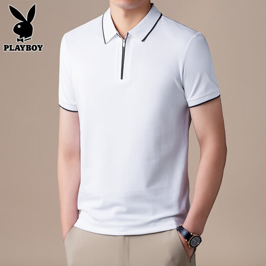 花花公子（PLAYBOY）高端半拉链Polo衫男士短袖t恤夏季新款宽松冰丝半袖上衣服男T舒适 FYMB9276草绿色 L 【111-120斤】