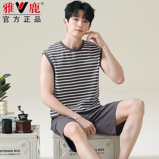 雅鹿睡衣男士夏季纯棉新款背心短裤休闲运动家居服套装大码无袖夏天 OMM-13063 L (100-125斤)