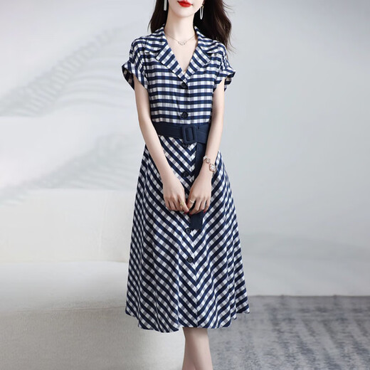 Ehangy国际轻奢女装夏季连衣裙2025新款时尚桑蚕丝收腰格子通勤职业裙子 蓝格【高端礼盒】 XL