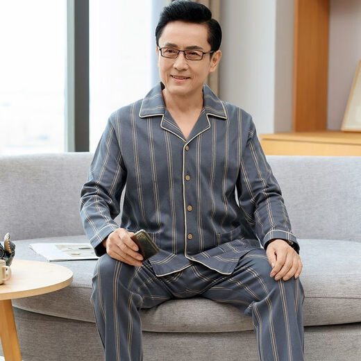 
Langsha middle-aged men's pajamas pure cotton long-sleeved spring and autumn middle-aged and elderly fathers plus size autumn and winter home clothing set SX16803 L (105-130Jin[Jin equals 0.5 kg])