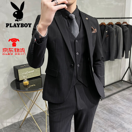 花花公子（PLAYBOY）西服男士套装潮流韩版修身英伦新郎结婚礼服商务职业正装休闲西装 深灰色纹理9905【西服+西裤+马甲1 XL 130斤穿