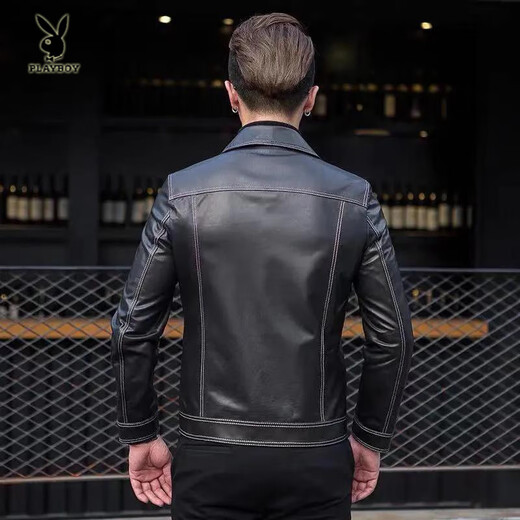 Playboy (PLAYBOY) 2025 New Genuine Leather Jacket Korean Style Trendy Slim Handsome Short Fashion Casual Leather Jacket Men's Jacket Black M 165 Code-100-115Jin Jin is equal to 0.5 kg