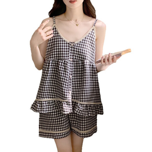带胸垫睡衣女夏季新款格子花边吊带短裤韩系可爱云朵棉家居服套装 9904杏色 L
