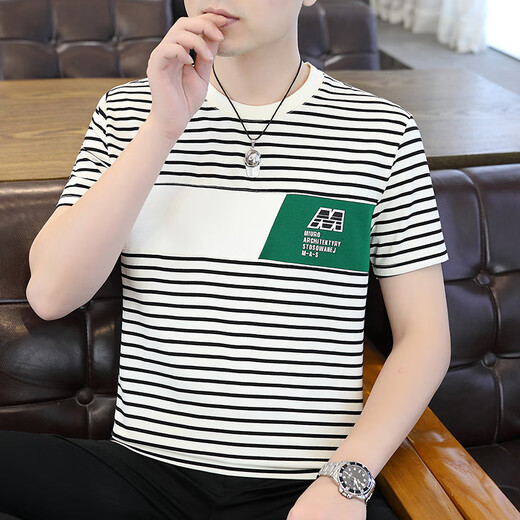
Vancl Eslite 2025 Men's new summer high-quality round neck short-sleeved T-shirt for fashion trendy striped elastic half-sleeved T-shirt 9898-white 9898-white M Recommended weight 80-100Jin [Jin equals 0.5 kg]