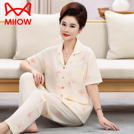 猫人（MiiOW）妈妈睡衣女士夏季薄款中老年短袖长裤套装春秋翻领大码家居服 RY9934浅莓粉 【套】 L 【推荐101-115斤】