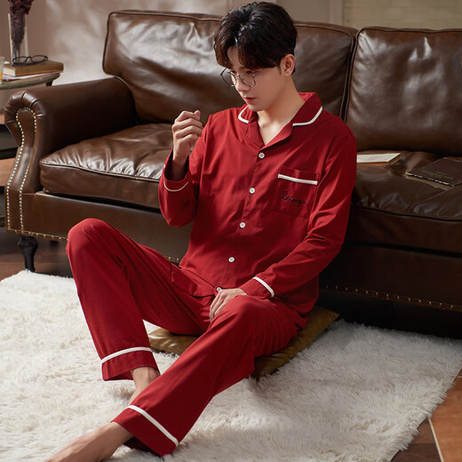 Princess Mark Couple Pajamas Women's Spring and Autumn Style Pure Cotton Red Newly Wedding Men's Home Clothes Set Zodiac Year HZ92649-Couple Men's L