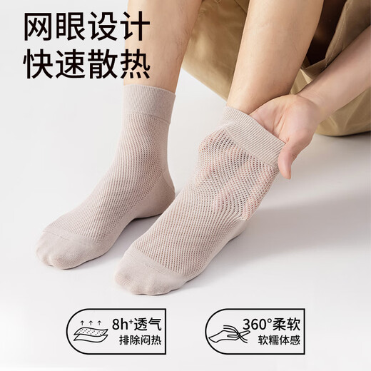 猫人男士袜子夏季薄款纯色棉袜7A吸汗休闲短袜网眼透气中筒袜 黑色+浅灰+水蓝+卡其+白色 共 5双 均码