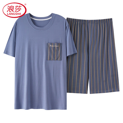 
LangSha Modal pajamas men's summer short-sleeved trousers thin cotton silk home clothes men's summer plus large size ice silk suit 6624 XL