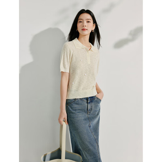 
Inman French POLO neck beaded short sleeve sweater for women 2025 summer new commuter shoulder short top white M