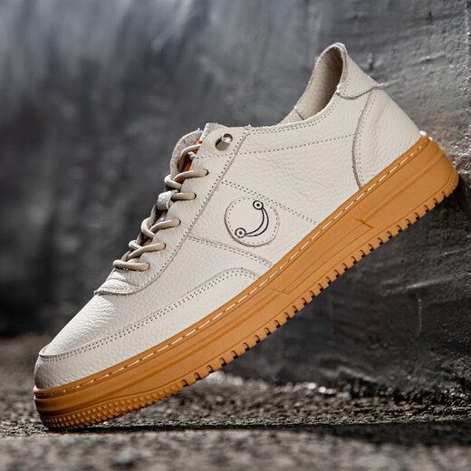 Spring and Autumn Men's Shoes Genuine Leather Real Cowhide Breathable Beef Tendon Sole Shoes Air Force All-match No. 1 Wheat Color Sports and Casual 898 White 44