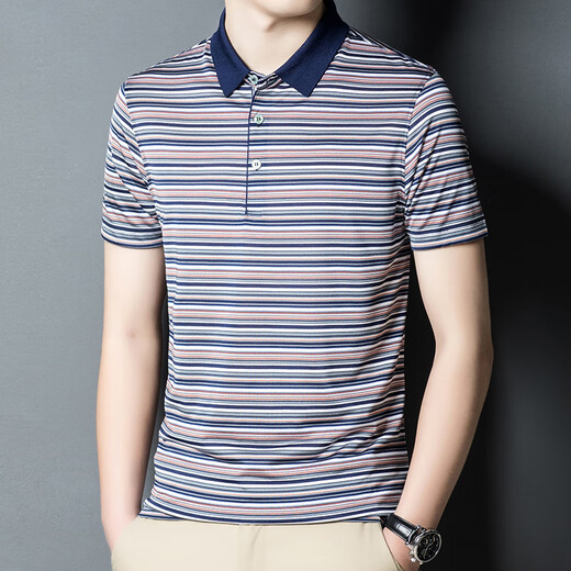 Dancing with Wolves Ice Silk T-shirt Men's Short Sleeve Summer Thin Collared Cross-Stripe Flush Top Cool Silky T-shirt POLO Shirt SJ1503 Camel M 165