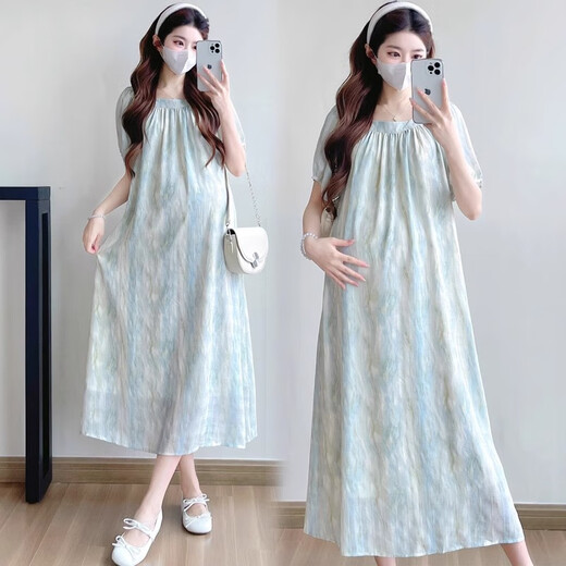 Gememan Entbindheitskleid Sommer 2025 Neues High-End-Mutterschaftskleid Lose große modische bauchbedeckte Langrock-Chiffon-Rock-Bildfarbe XL (Empfohlen 130-150jin [Jin ist gleich 0,5 kg])
