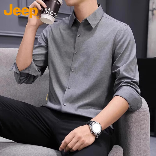 JEEP吉普长袖衬衫男秋冬季商务休闲衬衣男士宽松上衣服男装 灰色 2XL