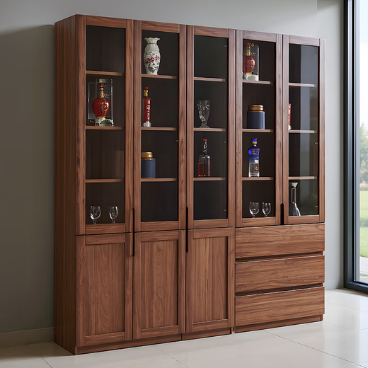 Yuanlin beam solid wood bookcase study room with glass door bookshelf wall storage rack walnut storage cabinet new Chinese display cabinet 120-33-200cm walnut bookcase