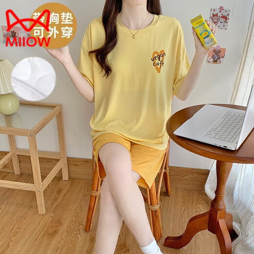 Catman (Miiow) pijama modal para mujeres en verano oso de manga corta con almohadillas de pecho linda niña de seda de hielo ropa casera de gran tamaño