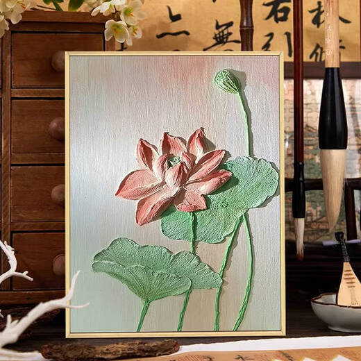 温诗欧风荷花肌理画石英砂手工绘全套材料中式装饰画数字油画 qx12625肌理画送全套材料 30*40cm加厚实木内框
