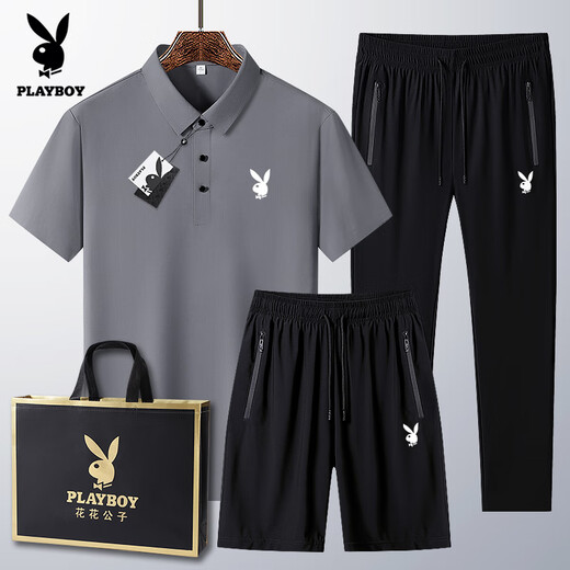 Playboy (PLAYBOY) dad summer suit for middle-aged and elderly casual ice silk POLO. shirt short-sleeved T-shirt 40-60 years old clothes white 6629 [shorts] suit M wear 95-110Jin [Jin equals 0.5 kg]
