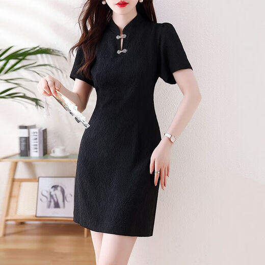 Alleyshe Tongxiang Fali New Chinese Style 2025 Summer New Large Size Small Chinese Style Cheongsam Skirt Fashionable Fatty Feeling Slimming 9759 Black New Chinese Style High Quality XL 110-120Jin[Jin equals 0.5 kg]
