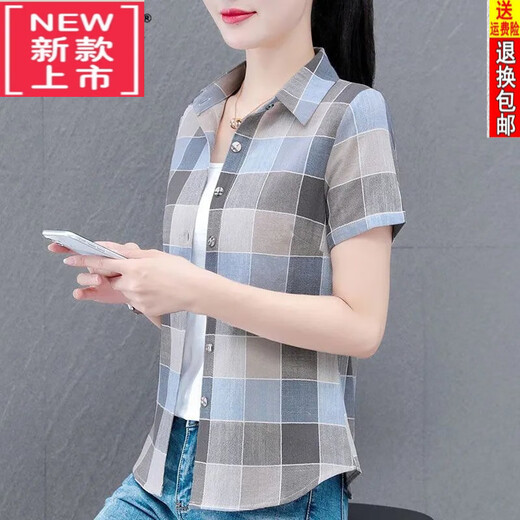 恒源祥纯棉格子衬衫女短袖夏季新款气质衬衣妈妈洋气显瘦外穿上衣 WJG 9202 粉红短袖 S 建议80-95斤