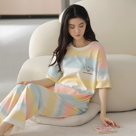 Pajama de algodón puro para mujeres pantalones de manga corta de verano 2025 Versión nueva coreana Linda temporada de comidas casuales de dibujos animados Casa de casa 9711 XL [120-140Jin [Jin equivale a 0.5 kg]]]