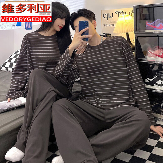 Victoria's style couple pajamas for spring and autumn new long-sleeved cotton men and women casual striped home clothes two-piece set #XF-15568 M women [75-100]Jin[Jin equals 0.5 kg]