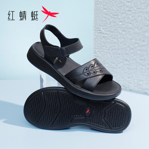 红蜻蜓妈妈凉鞋2025夏季老年牛皮舒适防滑软底女凉鞋WJK25885 黑色 36