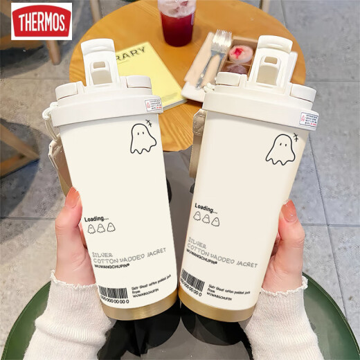 膳魔师（THERMOS）可爱幽灵保温杯高颜值学生不锈钢便携新款双饮咖啡男女吸管水杯子 BXAB13792幽灵黑+配挂绳 陶瓷内胆