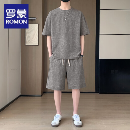 Romon Casual Sports Set hombres 2025 Summer New Cool Cool Silk Fashion Jacquard Camiseta de manga corta Set Men's Dark Grey 2546+826 M 90-105Jin [Jin iguala 0.5 kg]