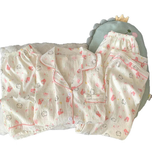 Jingpufei HelloKitty short-sleeved pajamas three-piece set cute Melody cotton silk home clothes Yunduo Cotton-9902# Star KT cat three-piece set L [Suggested 100-120Jin [Jin equals 0.5 kg]]