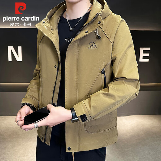 Pierre Cardin jacket men's spring, autumn and winter hooded outdoor casual workwear jacket men's trendy tops Khaki XL