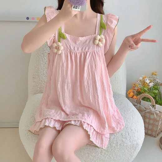 S.SOFEA Summer Pajamas with Chest Pajamas Sweet and Cute Girls Home Clothing Guangzhou Thirteen Lines hds-9930#Apricot Color 185 XXL