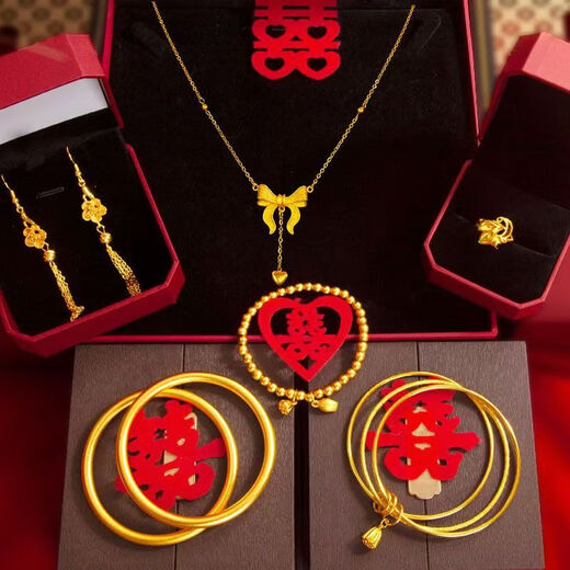 Qian Sheng Yuan Lao Phoenix 999 Engagement Simulation Three Gold Jewelry Bride Fugitive Princess Necklace Female Wedding Hardware Props Set Fugitive Princess Three Gold Set + Shan Lao Fengxiang Quality