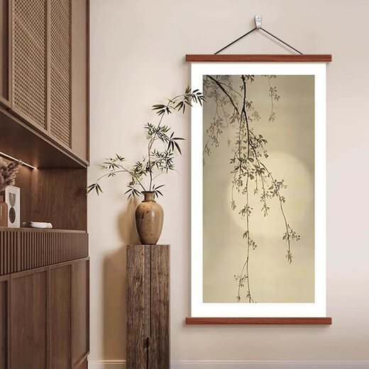 完壮新中式月下玄关装饰画宋代美学竹子挂画中古风茶室书房背景墙壁画 12353月下A 宽30CM*高60CM x 红花梨木挂轴+高清油画