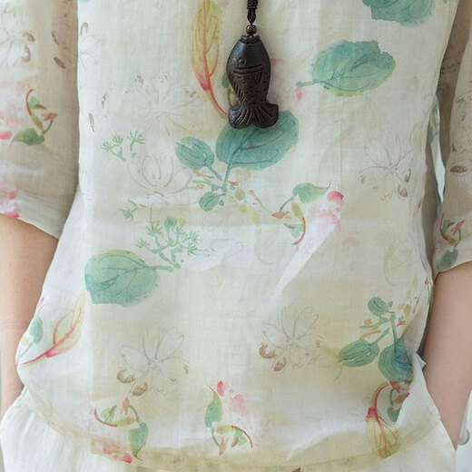 Zimu cotton linen 2025 summer clothing for women Chinese style printed tops short loose slim shirt bead button 9221 color L (recommended 115-125Jin [Jin equals 0.5 kg])