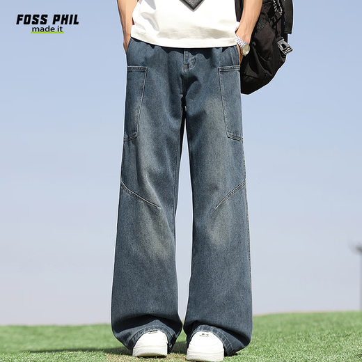 Foss Phil牛仔裤春夏季男士美式复古宽松弯刀直筒薄款阔腿裤G1105复古蓝XL