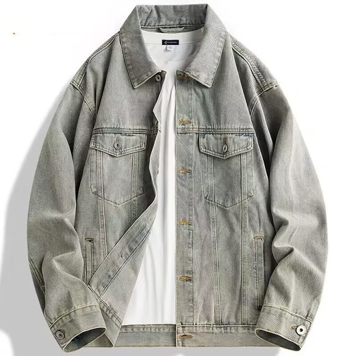 Large size wear-resistant denim jacket men's casual style jacket autumn and winter new youth casual style work jacket gray L recommended 100-120Jin Jin equals 0.5 kg