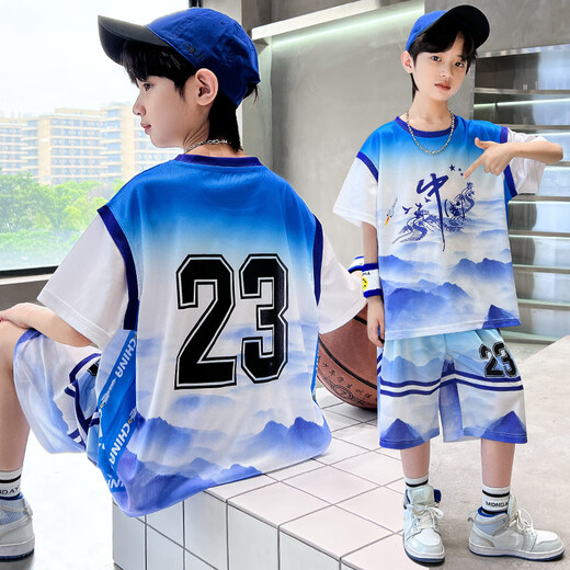 Boys summer uniforms set fashionable children's summer basketball uniforms medium and large children sports short-sleeved quick-drying clothes Chinese style DMG-9922-23 uniforms-blue 120 Recommended height 110cm