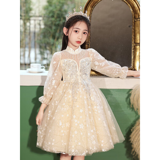 Bunte Edelsteine Little Girl High-End-Kleid-Prinzessin-Kleidermädchen-Aufführung Anzug Leicht Luxus Nische Host 9215 Weiß Langarm [Single Rock] M 140c