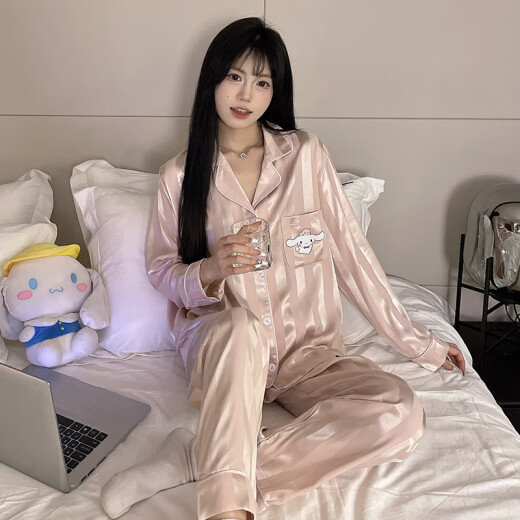 维多利亚的格调轻奢品牌冰丝睡衣女款春秋季长袖甜美可爱卡通家居服女士秋款仿真 TMSJ-6636 M