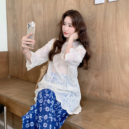 拉夏贝尔（La Chapelle）一整套ootd穿搭休闲套装女夏季2025新款蕾丝上衣复古阔腿裤两件套 宝蓝色 上衣+裤子  S (105斤内)